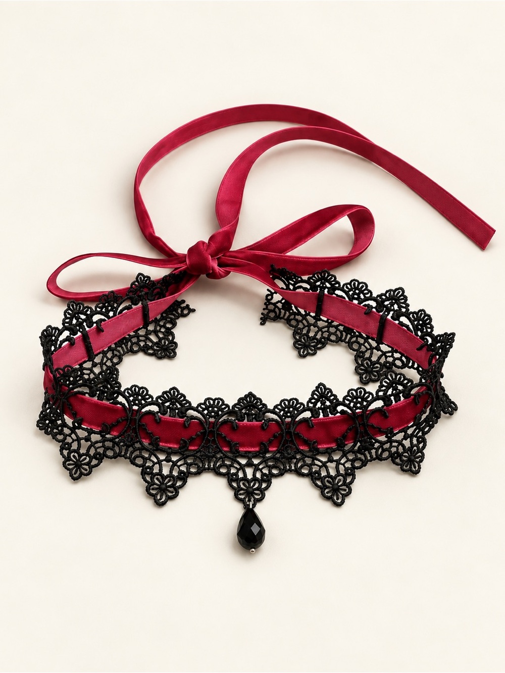 Victorian Black Lace Burgundy Ribbon Choker